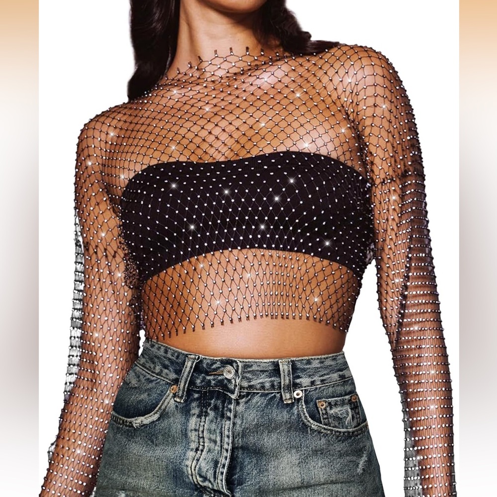 Dolls Kill Black Mesh Rhinestone Crop Top